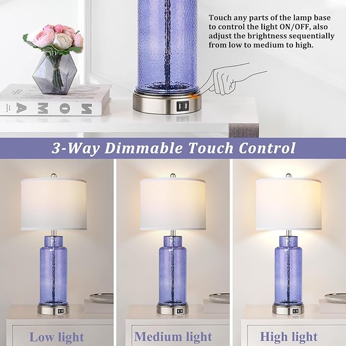 QiMH Table Lamps for Bedrooms Set of 2, Blue Glass Beside Lamps for Living Room with Touch Control USB Ports, 26" Large Modern Coastal Nightstand Lamp White Shade Home Decor(LED Bulbs Included) - LeafyLoom