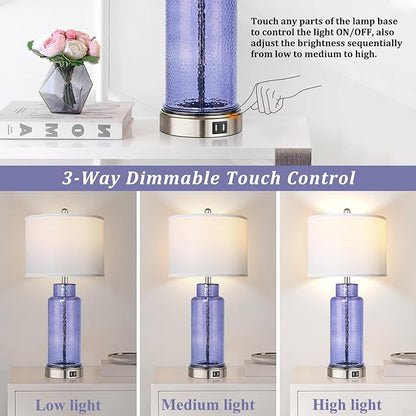 QiMH Table Lamps for Bedrooms Set of 2, Blue Glass Beside Lamps for Living Room with Touch Control USB Ports, 26" Large Modern Coastal Nightstand Lamp White Shade Home Decor(LED Bulbs Included) - LeafyLoom