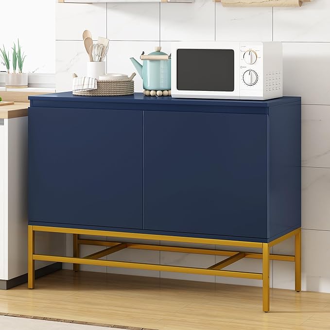 39.4" Minimalist & Luxury Two Door Sideboard with Gold Metal Legs,Freestandin Storage Buffet Cabinet,w/Adjustable Shelves,for Living, Dining Room,Entrance Passage,Navy - LeafyLoom