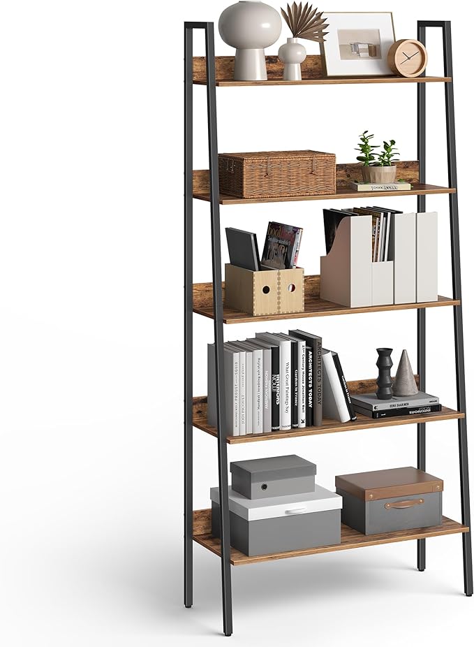 VASAGLE Bookshelf, 5-Tier Bookcase, Ladder Shelf for Home Office, Living Room, Bedroom, Kitchen, Rustic Brown and Ink Black ULLS129B01 - LeafyLoom