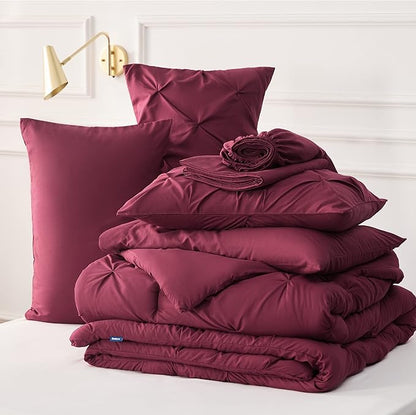 Bedsure King Size Comforter Set - Bedding Set King 7 Pieces, Pintuck Bed in a Bag Burgundy Bed Set with Comforter, Sheets, Pillowcases & Shams - LeafyLoom