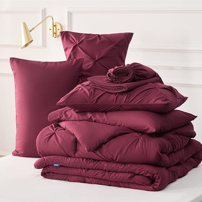 Bedsure Twin/Twin XL Comforter Set with Sheets - 5 Pieces Twin Bedding Sets, Pinch Pleat Burgundy Twin Bed in a Bag with Comforter, Sheets, Pillowcase & Sham - LeafyLoom