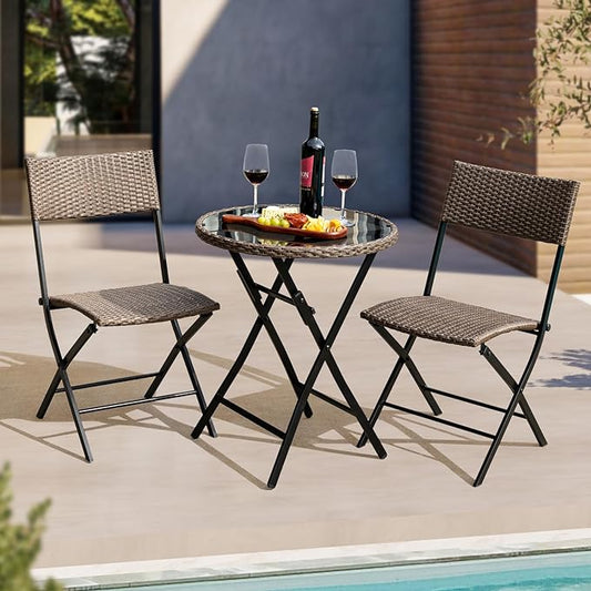 Bistro Set with Round Table, Metal Wicker Design - LeafyLoom