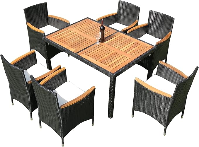 7-Piece Outdoor Dining Table Set with Acacia Wood TableTop and 6 Chairs, Rattan Wicker Patio Furniture for Garden Backyard Poolside, Onesize, Black - LeafyLoom