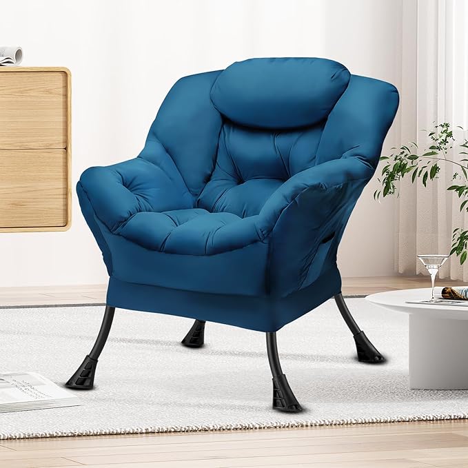 Fabric Lazy Chair Large Accent Chair,Velvet Frabic Modern Lounge Reading Chair with Armrests & Side Pocket,Upholstered Armchair for Living Room,Bedroom,Dorm,Blue - LeafyLoom