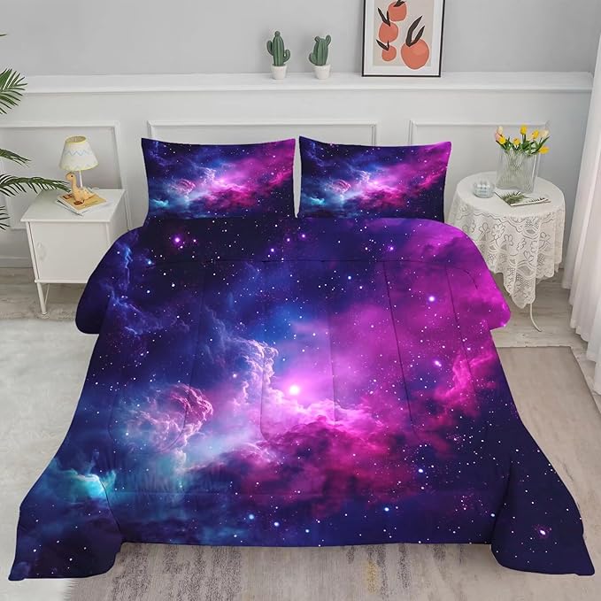 Galaxy Comforter Sets Queen Size Purple Outer Space Bedding Set for Teen Girls Boys Kids Children Bedroom Dorm Quilt 1 Comforter + 2 Pillow Cases - LeafyLoom