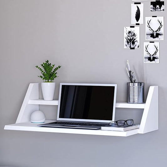 Reversible Wall Desk, White Floating Desk with Wall Mounted Shelf for Computer, Home, Office, Bedroom, Living, Kitchen and Study - L - LeafyLoom