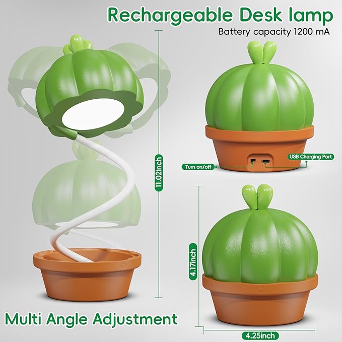 Cute Desk Lamp for Kids, Cactus Small Desk Lamps with Dimmable Touch,Rechargeable Kawaii Desk Lamp Nursery Night Lights, Desk Accessories Kawaii Room Decor for Kid Gifts (Green Cactus Lamp) - LeafyLoom