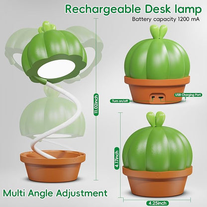 Cute Desk Lamp for Kids, Cactus Small Desk Lamps with Dimmable Touch,Rechargeable Kawaii Desk Lamp Nursery Night Lights, Desk Accessories Kawaii Room Decor for Kid Gifts (Green Cactus Lamp) - LeafyLoom