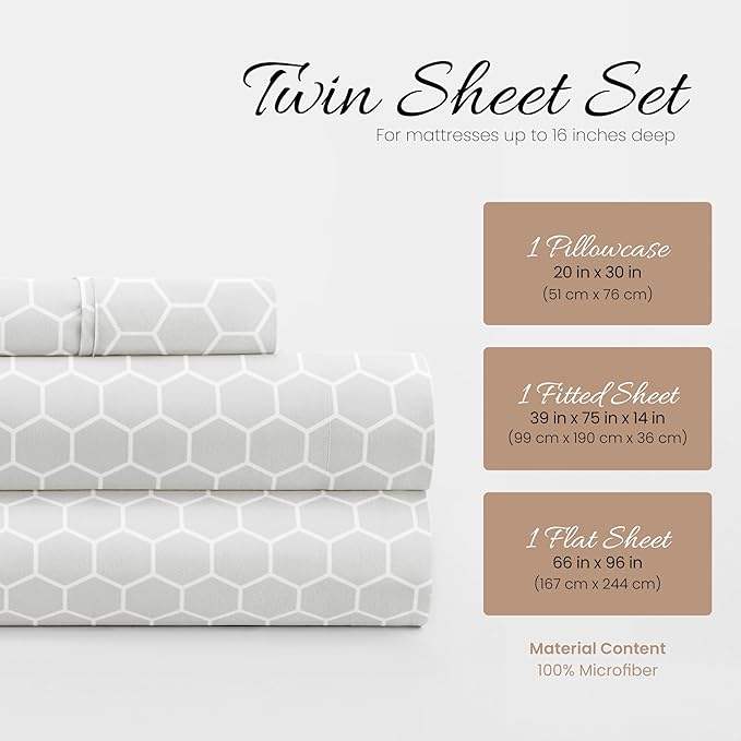 Linen Market 3 Piece Twin Bedding Sheet Set (Gray Geometric) - Sleep Better Than Ever with These Ultra-Soft & Cooling Bed Sheets for Your Twin Size Bed - Deep Pocket Fits 16" Mattress - LeafyLoom