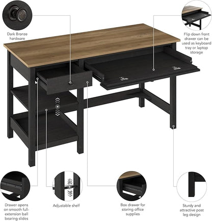 Bush Furniture Mayfield 54W Computer Desk with Shelves in Vintage Black and Reclaimed Pine| Table and Storage for Home Office Workspace - LeafyLoom