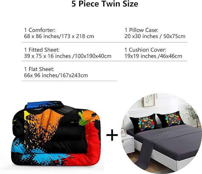 5 Pieces Gaming Bedding Set for Boys Gamer Comforter Set Twin Size,Game Controller Comforter for Boys Kids 5 Pieces Bed in A Bag 3D Gamepad Microfiber Bedding Sets,DJT H5019 Twin - LeafyLoom