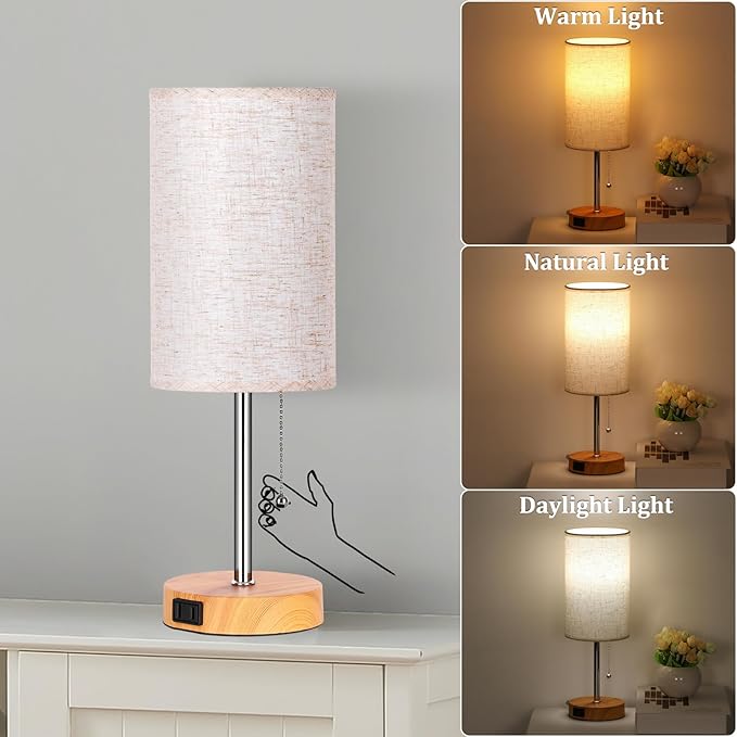 Dott Arts Table Lamp for Bedroom, 3-Color Bedside Lamps with Pull Chain, Bedroom Table Lamps for Nightstand,Small Lamp for Living Room, Bulb Included Oatmeal - LeafyLoom