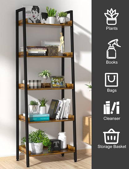 ASTARTH Ladder Shelf-5 Tier Bookshelves w/Open Shelf for Storage, Industrial Bookshelf & Tall Ladder Shelf-Metal Frame for Bedroom, Living Room, Kitchen-67.3'' H, Easy Assembly, Rustic Brown - LeafyLoom