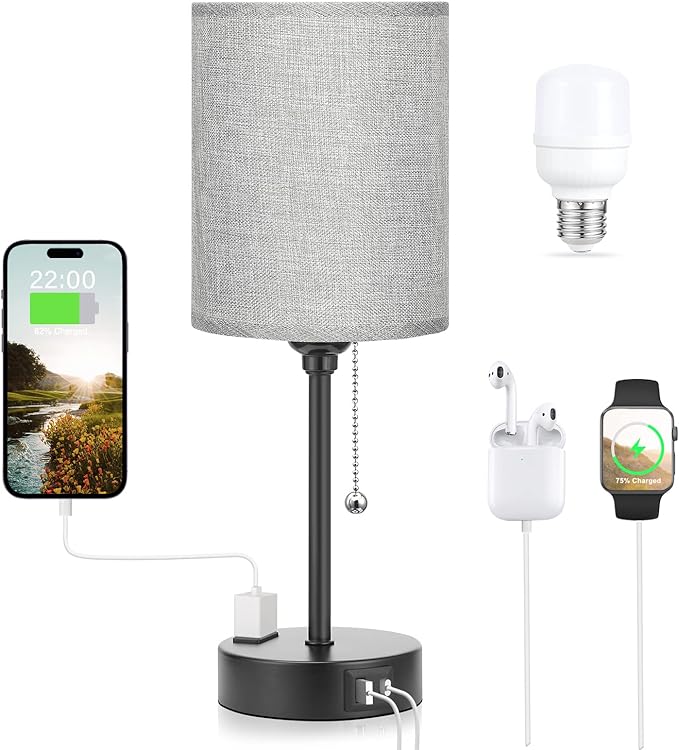 Grey Nightstand Lamps 3 Color Temperatures - 2700K 3500K 5000K Bedside Lamps with USB C and A Ports, Pull Chain Table Lamps with AC Outlet, Small Lamps with Black Metal Base for Sleeping Reading - LeafyLoom