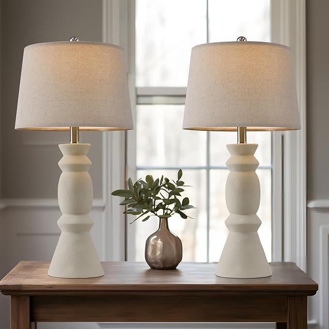 Oneach 25.75'' Farmhouse Ceramic Table Lamp for Living Room Bedside Lamps Office White Table Lamp Set of 2 for Bedroom Retro Nightstand Lamp End Table Lamps (Beige) - LeafyLoom