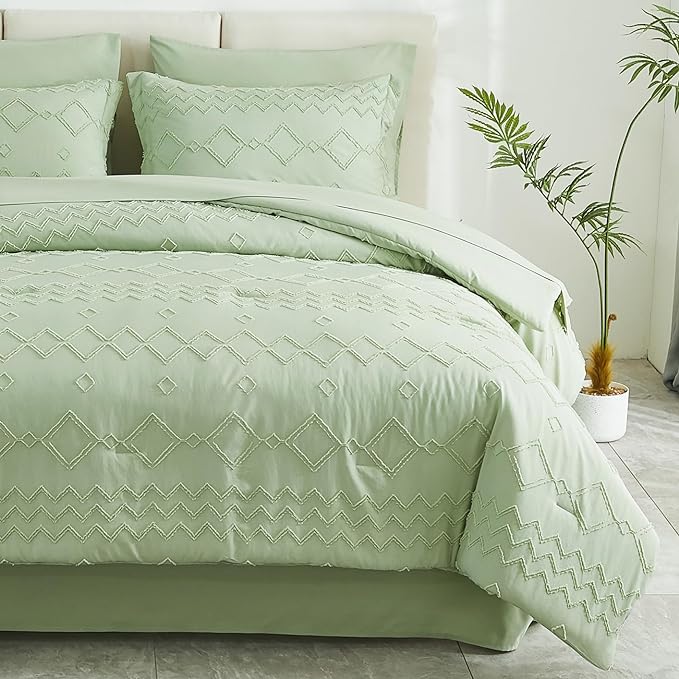 EMME Twin Comforter Set - 5 Pcs Sage Green Boho Bedding Sets, Tufted Comforter with Sheets, Shabby Chic Embroidery Twin Bed Set Fluffy Bed Bag for All Season(68"X90") - LeafyLoom