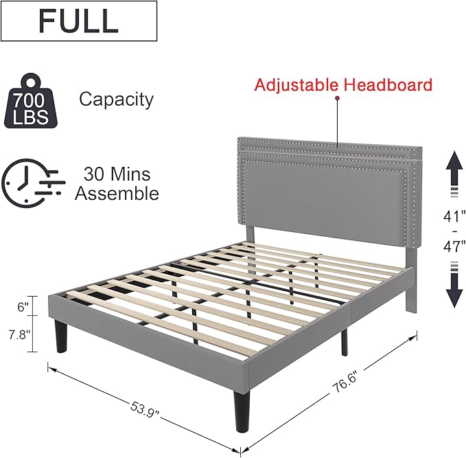 VECELO Full Size Platform Bed Frame with Adjustable Upholstered Headboard, Modern Mattress Foundation,Strong Wood Slat Support, No Box Spring Needed, Easy Assembly - LeafyLoom