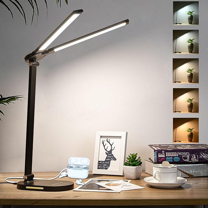 Desk Lights for Home Office - LED Desk Lamp with Night Light, Office Desk Lamp with Memory Function, 5CCT Brightest Workbench Office Lighting, Dimmable Modern Desk Lamp for Monitor Studio Reading - LeafyLoom