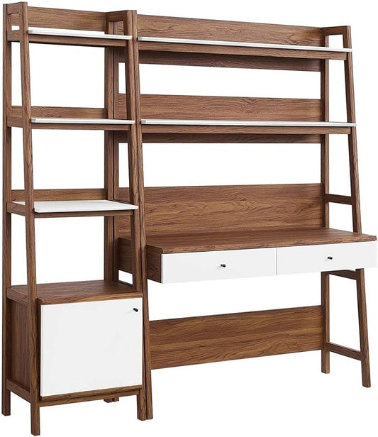 Modway Bixby 2-Piece Home Office Desk and Bookshelf Display Case in Walnut White - LeafyLoom