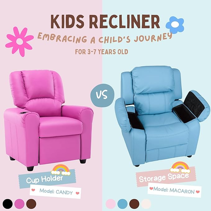 JC Home MACARON Kids Chair Leather Recliner Sofa Toddler Youth Children Child Ages 3-7, Small, Babyblue - LeafyLoom