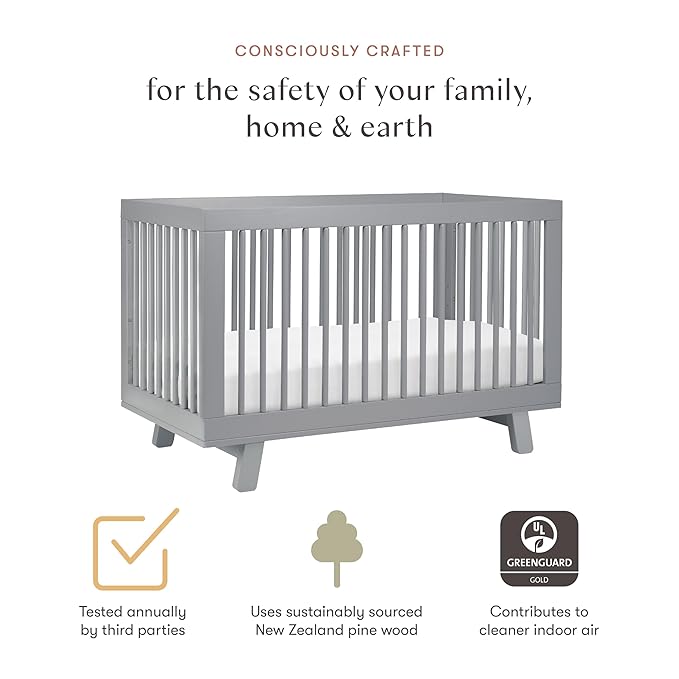 Babyletto Hudson 3-in-1 Convertible Crib with Toddler Bed Conversion Kit in Grey, Greenguard Gold Certified - LeafyLoom