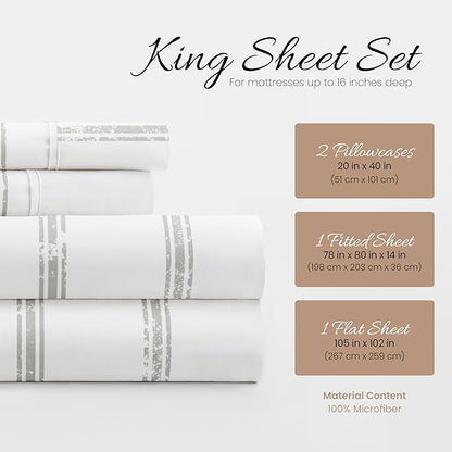 Linen Market 4 Piece King Bedding Sheet Set (Light Gray Lines) - Sleep Better Than Ever with These Ultra-Soft & Cooling Bed Sheets for Your King Size Bed - Deep Pocket Fits 16" Mattress - LeafyLoom