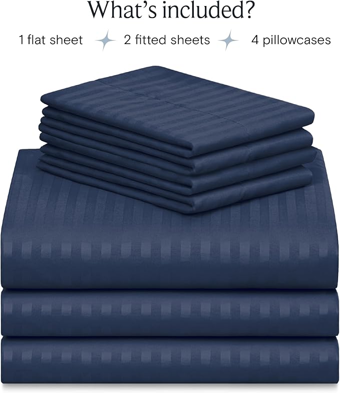 LuxClub 7 PC Split King Size Sheet Set Bed Sheets, Breathable Luxury Bed Sheets, Deep Pockets 18" Wrinkle Free Cooling Bed Sheets Machine Washable Hotel Bedding (Split King, Striped Navy) - LeafyLoom