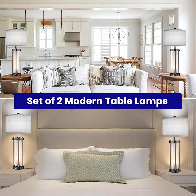 Table Lamps for Living Room Set of 2,26" Tall Bedside Farmhouse Table Lamps with LED Lantern Nightlight,Bedroom Nightstand Lamps with Dual USB Port Grey Fabric Shade (Bulbs Included) - LeafyLoom