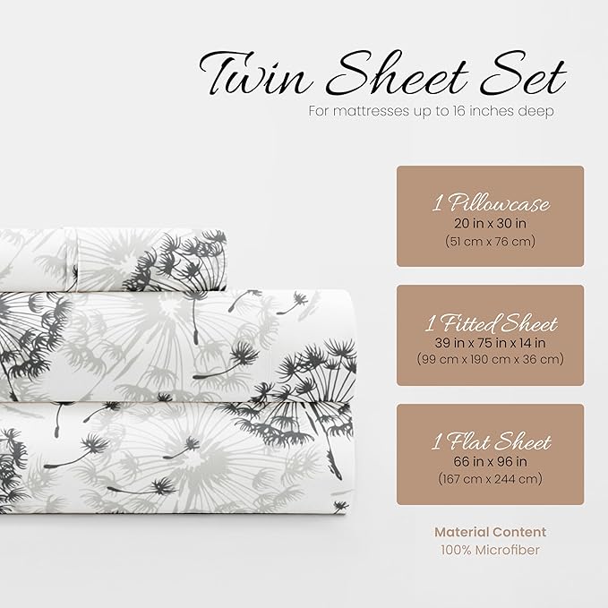 3 Piece Twin Bedding Sheet Set (Gray Floral) - Sleep Better Than Ever with These Ultra-Soft & Cooling Bed Sheets for Your Twin Size Bed - Deep Pocket Fits 16" Mattress - LeafyLoom