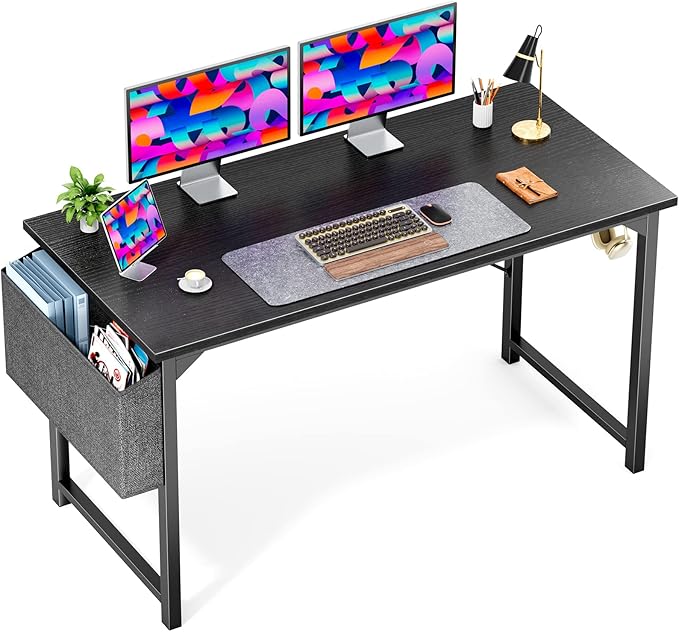 OLIXIS Computer Desk 55 Inch Home Office Work Study Writing Student Kids Bedroom Wood Modern Simple 2 Person PC Table with Storage Bag & Headphone Hooks, Black - LeafyLoom