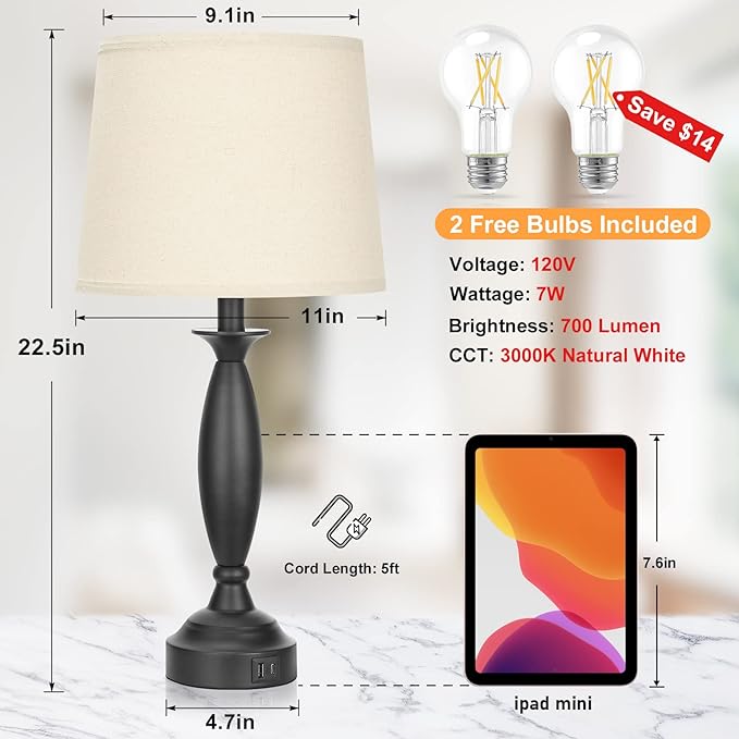 Beige Lamps for Bedrooms Set of 2 - Touch Control Bedside Lamp with USB C+A, 3 Way Dimmable Nightstand Lamps with USB Port, Table Lamp for Living Room(Beige Shade and Black Base) - LeafyLoom