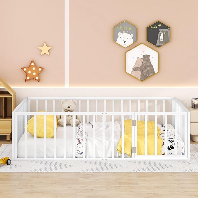 RITSU Queen Size Metal Floor Fence Bed, Montessori Bedframe, with Safety Guardrail and Door, for Children Bedroom, Boys Girls, Apartment, Strong & Durable, Easy to Assemble, White - LeafyLoom