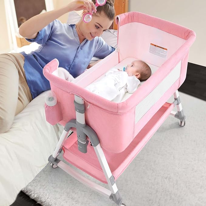 4 in 1 Baby Bassinet, Rocking Bassinets Bedside Sleeper with Comfy Mattress and Wheels, Height Adjustable Easy Folding Portable Bedside Crib for Newborn Infant,Pink - LeafyLoom