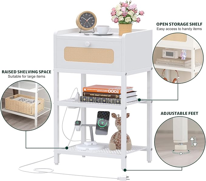 Night Stand, Side Table with Rattan Drawer, Nightstand with Charging Station, Industrial Bedside Table with 3-Tier Storage, White JET003CW1 - LeafyLoom