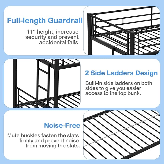 VECELO Twin Over Twin Bunk Bed with Trundle, Metal Bunkbeds with Ladder and Full-Length Guardrail, Noise Free, No Box Spring Needed, Black - LeafyLoom