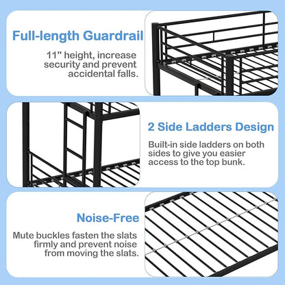 VECELO Twin Over Twin Bunk Bed with Trundle, Metal Bunkbeds with Ladder and Full-Length Guardrail, Noise Free, No Box Spring Needed, Black - LeafyLoom