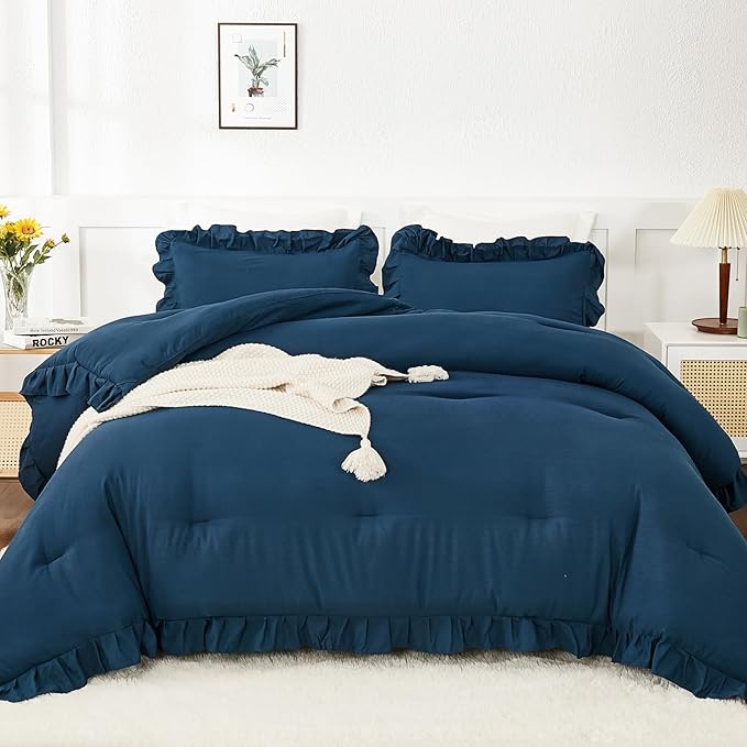 Andency Navy Blue Comforter Twin Size, 2 Pieces Kids Bed Comforter Set, Solid Ruffle Shabby Chic Farmhouse Comforter, Lightweight Soft Down Alternative Microfiber Bedding Set - LeafyLoom