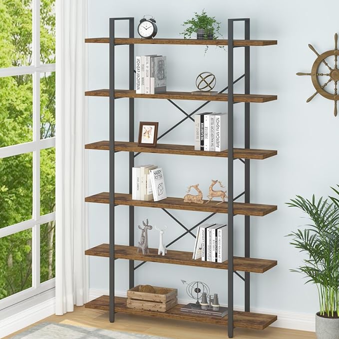 HSH 6 Shelf Tall Bookcase, Industrial Modern Large 6 Tier Bookshelf, Open Wood and Metal Display & Storage Rack,Farmhouse Bookcases and Book Shelves 6 Shelf for Bedroom Living Room Office,Rustic Brown - LeafyLoom