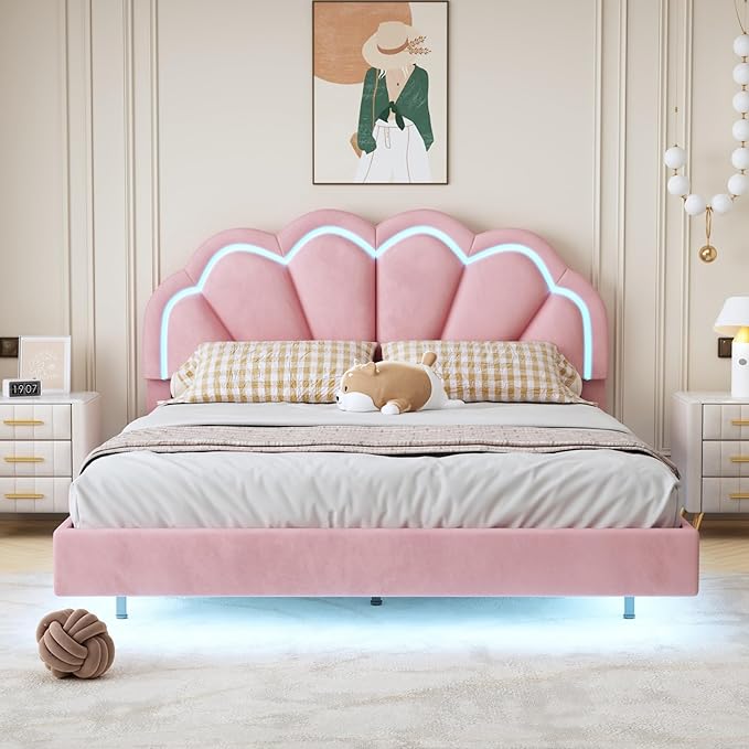 Queen Upholstered Smart LED Bed Frame with Elegant Flowers Headboard, Floating Velvet Platform LED Bed with Wooden Slats Support, No Box Spring Needed, Easy Assembly, Pink - LeafyLoom