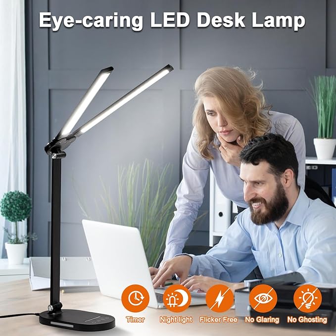 Doule Head Desk Lamp, Dimmable Desk Light, Adjustable Reading Lamps, Eye-Caring Table Lamp, Multi-Angle Adjustable and Foldabel Design Table Lamp - Black - LeafyLoom