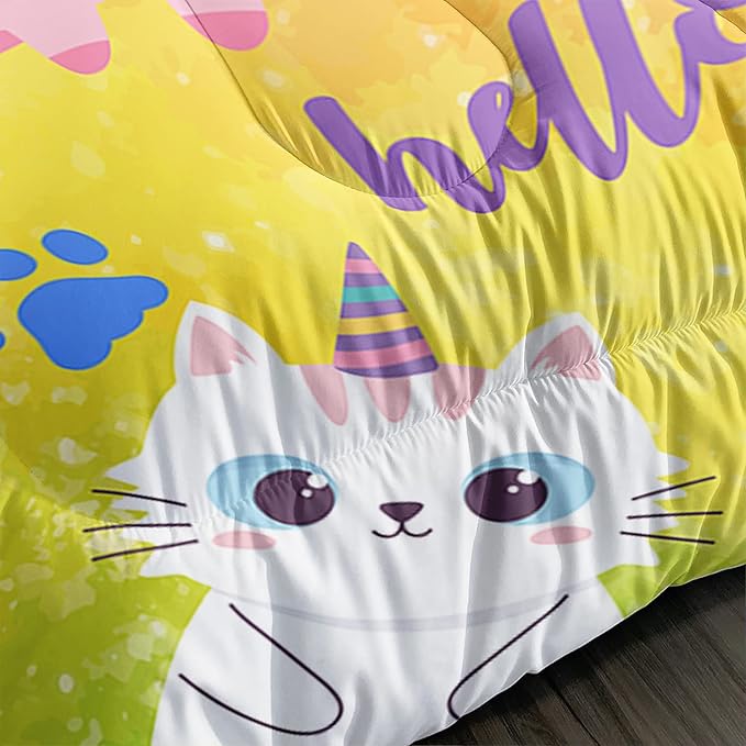 Axolotl Cat Bedding Twin Cartoon Cat Comforter Set,Rainbow Printed Kids Bedding Set for Girls Kids Adults Teens,Kids Comforter Set All Season,1 Quilt 2 Pillow Cases,Colorful Pink Blue - LeafyLoom