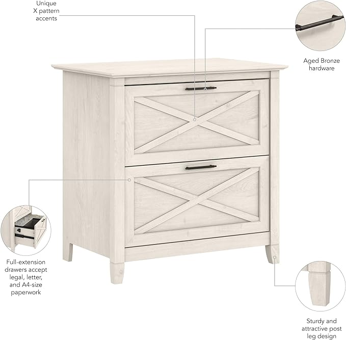 Bush Furniture Key West 2 Drawer Lateral File Cabinet in Linen White Oak | Document Storage for Home Office | Accent Chest with Drawers - LeafyLoom