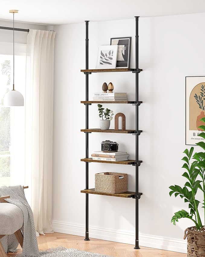 ALLZONE 5 Tiers Narrow Bookshelf, Tall Adjustable Ladder Book Shelf with Open Storage, Floor to Ceiling Tension Mount, Wooden Industrial Bookcase for Living Room, 92 to 116 Inch, Brown - LeafyLoom