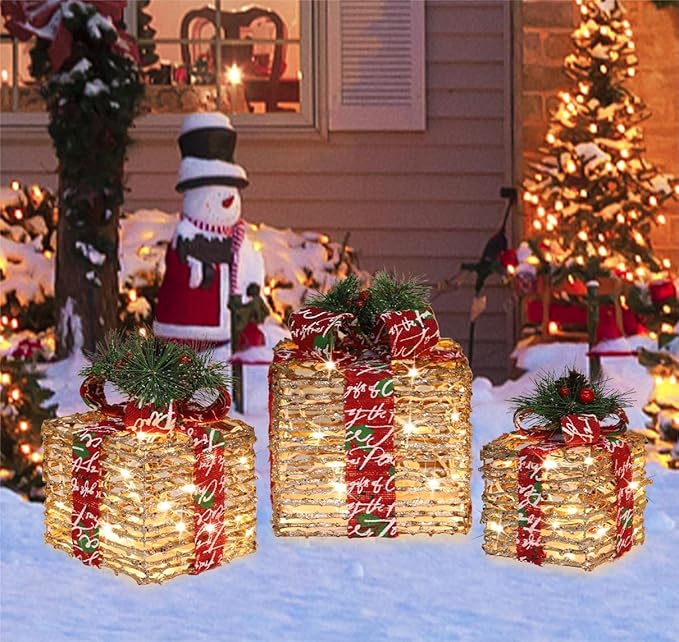 [Ultra-Large 15.5"x13.5"x11" Christmas Set of 3 Lighted Rattan Gift Boxes Decorations Pre-lit 91 Super-Bright LED with Flashers,for Indoor Outdoor Pathway Holiday Party Home(Warm White) GLOWNOVA