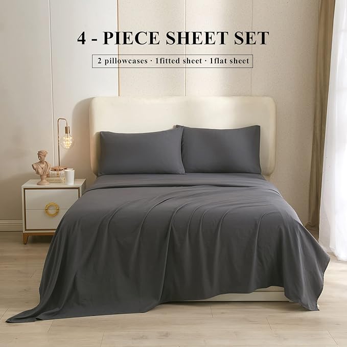 HighBuy Cooling Bed Sheets King 4 Piece Grey Bedding Sheet & Pillowcases Set,King Size Deep Pocket Fits Up to 16" Mattress,Easy Fit Fitted Sheets,Cooling Microfiber Sheets - LeafyLoom