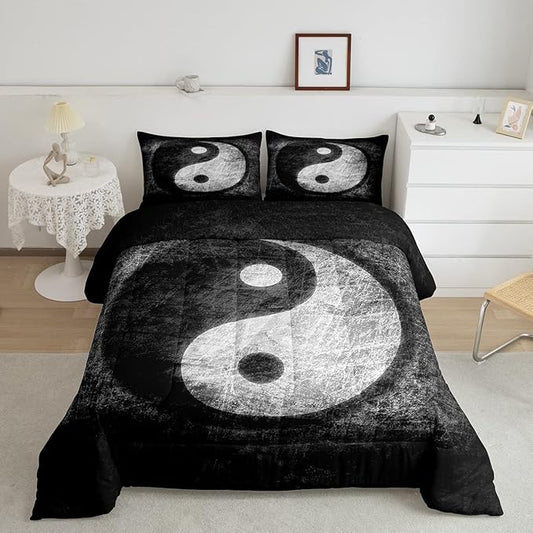 Feelyou Yin Yang Bedding Set for Girls Boys Children Boho Trippy Psychedelic Art Comforter Set Decorative Gossip Pattern Comforter Traditional Ying Yang Theme Duvet Set Twin Size 2Pcs - LeafyLoom