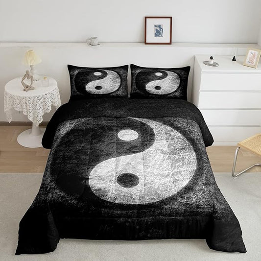 Feelyou Yin Yang Bedding Set for Girls Boys Children Boho Trippy Psychedelic Art Comforter Set Decorative Gossip Pattern Comforter Traditional Ying Yang Theme Duvet Set Queen Size 3Pcs - LeafyLoom