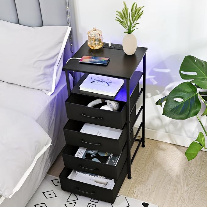 Nightstands Set of 2, Large End Tables Living Room, Bed Side Tables with Charging Station, 30" Tall Night Stand with 4 Fabric Drawers and LED Light Strip for Bedroom FBAHNS014BK - LeafyLoom