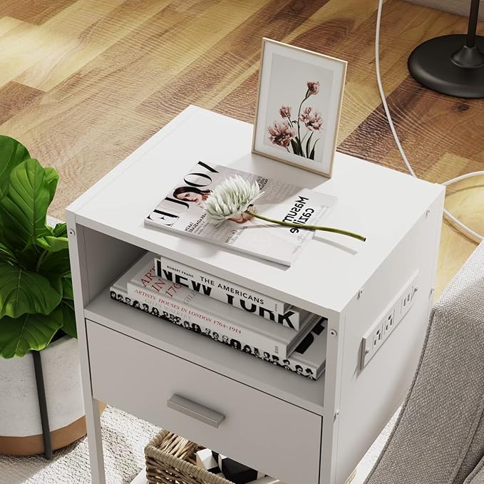 LDTTCUK Nightstand with Charging Station, Modern End Table with Drawer, White Bedside Table with Open Storage for Bedroom - LeafyLoom